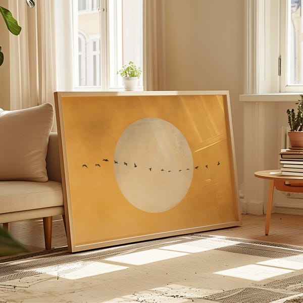 Yellow Flock of Birds Wall Art, Sun Art, Japandi Wall Art, Large Living Room Decor, Horizontal Wall Art, Sunset Print, Vibrant Zen Decor