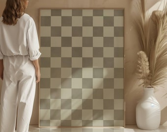 Sage Green Checkered Wall Art Print, Minimalist Living Room Decor, Funky Decor, Trendy Checkerboard Poster, Abstract Painting, Zen Art