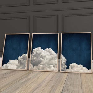 Arte murale vintage con nuvole blu, set di 3 stampe, arte murale suggestiva, arredamento per soggiorno di grandi dimensioni, arredamento minimalista, stampa artistica del cielo notturno,