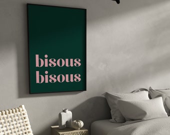 Bisous Bisous Kiss Art Print · Dark Green Wall Art · Pink Wall Art · Pop Art · Above Bed Decor · Bedroom Wall Art · French Poster