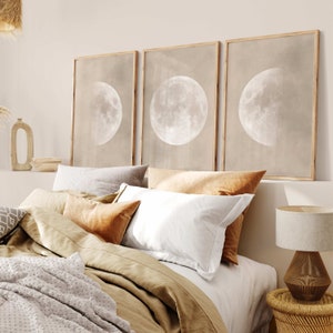 Schlafzimmer Wandkunst über dem Bett, Mond Kunst, 3er Set Drucke, über dem Bett Dekor, Beige, Schlafzimmer Wanddekor, Neutrale Wandkunst, Weiß, Witchy Dekor