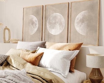 Bedroom Wall Art Over the Bed, Moon Art, Set of 3 Prints, Above Bed Decor, Beige, Bedroom Wall Decor, Neutral Wall Art, White, Witchy Decor