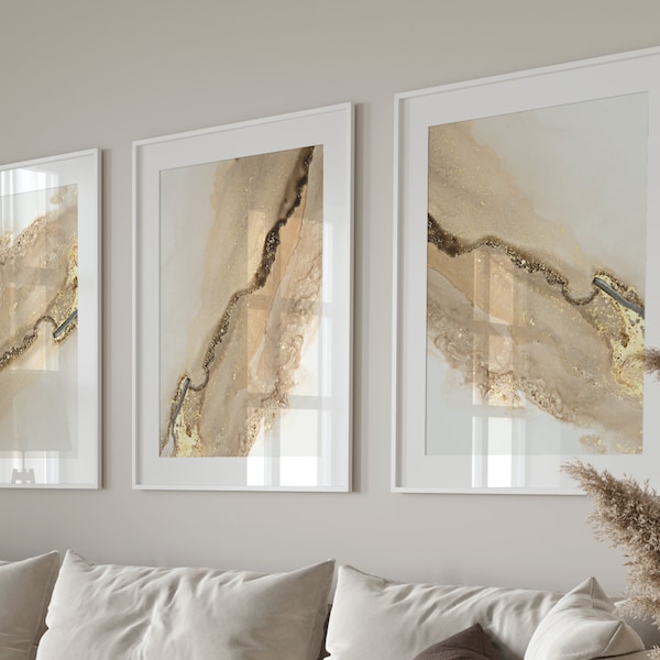 Beige and Gold Set of 3 Prints · PRINTABLE WALL ART · Gold Wall Art · Abstract Art · Gallery Wall Set · Neutral Wall Decor, 3 Piece Wall Art