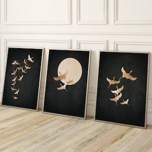 Black and Gold Wall Art Prints, Flying Cranes, Japanese Wall Art, Set of 3 Prints, Japandi Art, Birds, Minimalist, Large, Living Room Decor