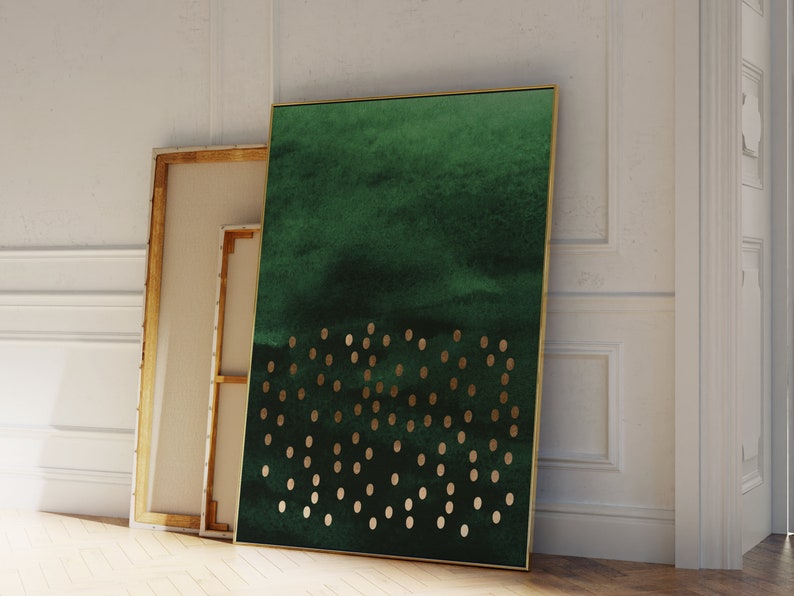Emerald Green and Gold Wall Art Print, Abstract Art, Emerald Green Decor, Maximalist Decor, Living Room, Modern Minimalist, Watercolour image 1