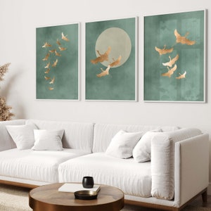 Sage Green Cranes Wall Art Prints, Set of 3 Prints, Japanese Wall Art ...