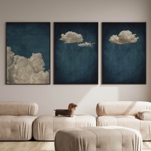Moody Blue Cloud Wall Art Prints, Set of 3 Prints, Gallery Wall Set, Minimalist, Living Room Decor, Bedroom, Wall Decor over the Bed, Large
