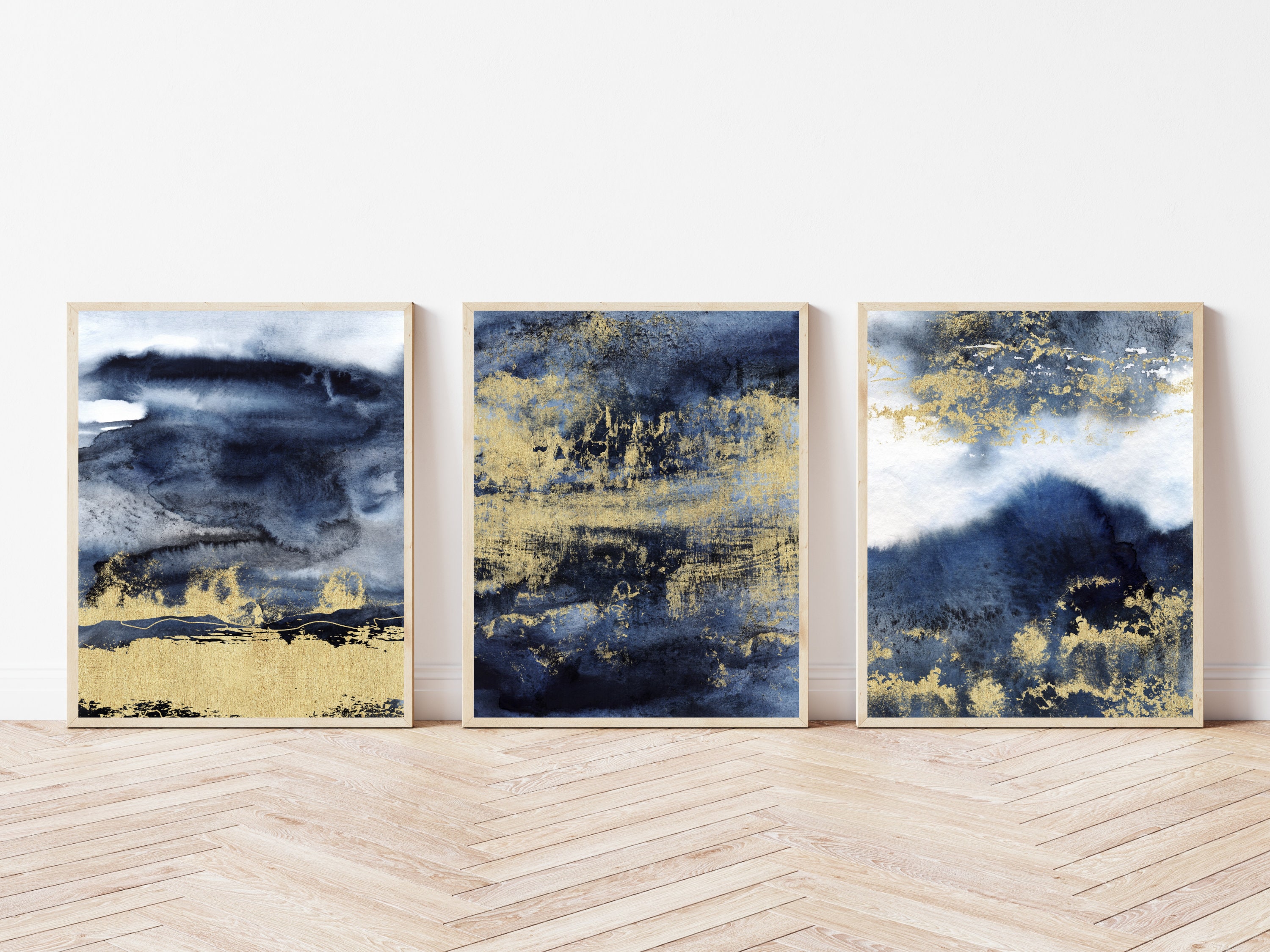Navy and Gold Wall Art Set of 3 Prints · Gallery Wall Set · Watercolour ...
