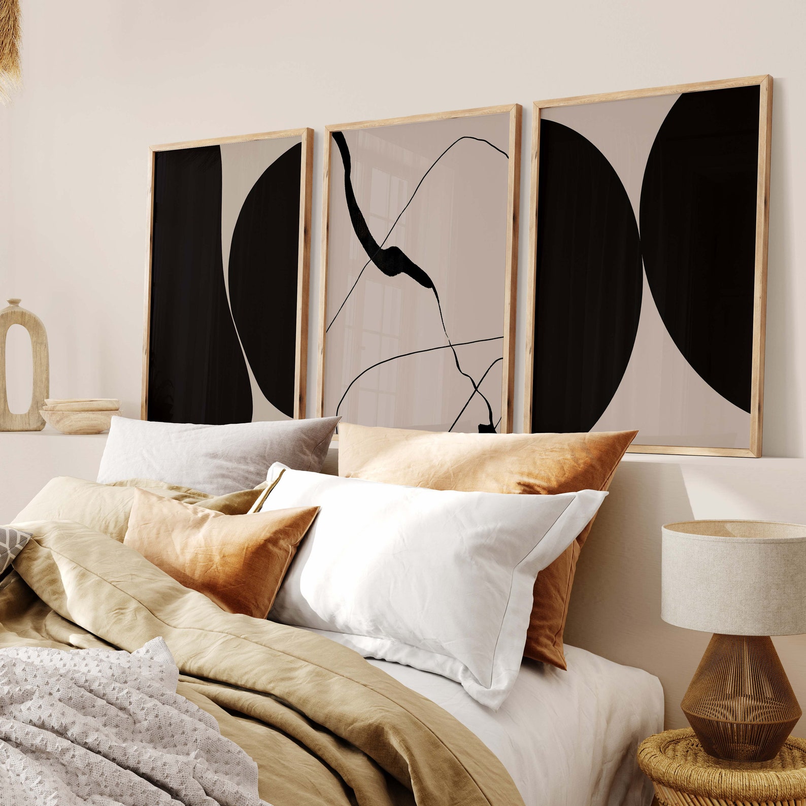 Mid Century Modern Wall Art, Set of 3 Prints, Black & Beige Wall Art ...