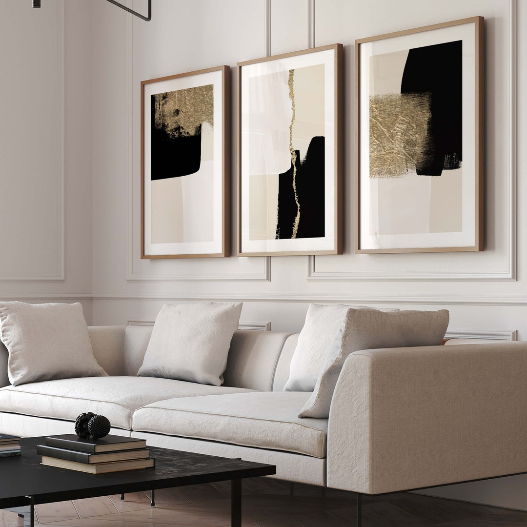 Black and Gold Wall Art Set of 3 Prints Black and Beige Wall Art