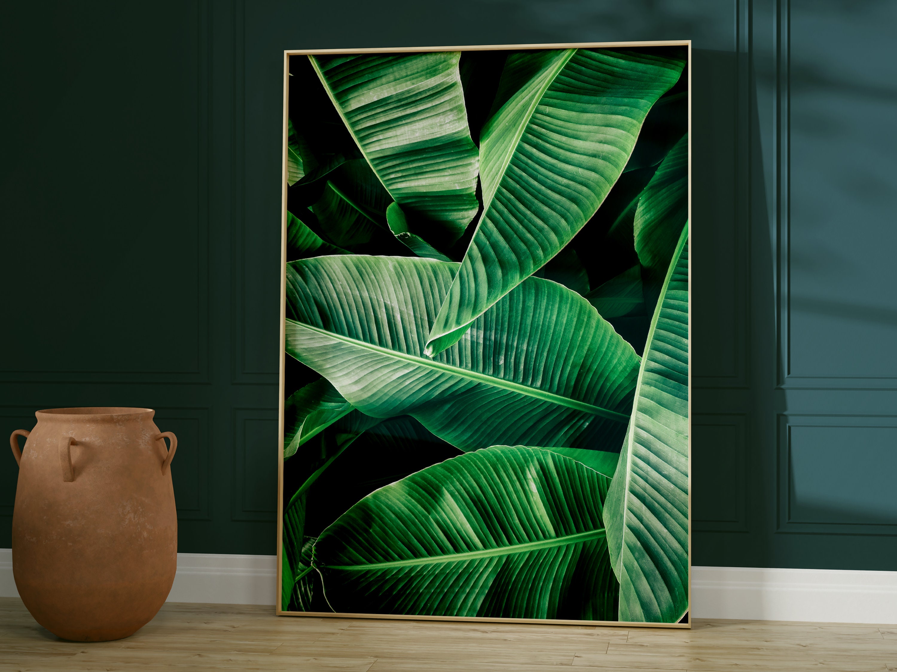 Emerald Green Banana Leaf Print · Botanical Art · Jungle Print · Dark Green Wall Art · Nature Print Palm Leaves · Maximalist Decor
