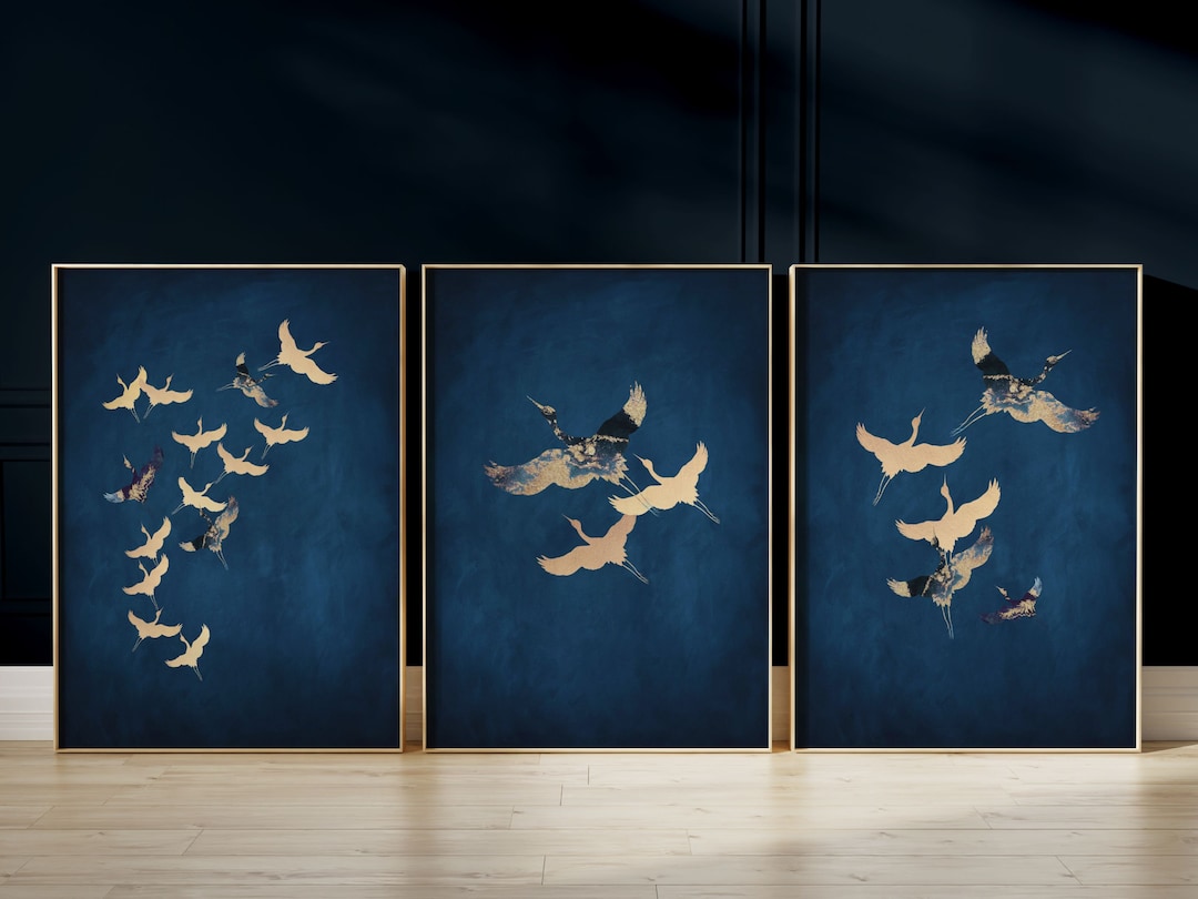 Blue and Gold Japanese Wall Art Set of 3 Prints · Dark Blue Japanese ...