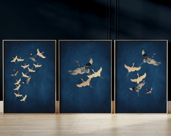 Blue and gold Japanese Wall Art Set of 3 Prints · Dark Blue Japanese Art Print, Crane Formation, Japandi Decor, Minimalist Wall Art, Indigo