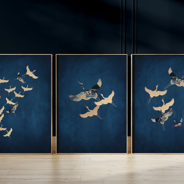 Juego de 3 impresiones de arte mural japonés en azul y dorado · Impresión de arte japonés azul oscuro, formación de grulla, decoración Japandi, arte mural minimalista, índigo