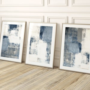 Blue Abstract Set of 3 Prints, Abstract Art, Gallery Wall Set, Grey White, Living Room Decor, Bedroom, Painting Poster, Minimalist, Large