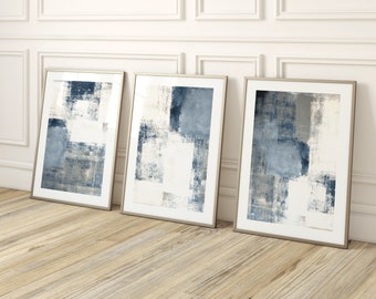 Blue Abstract Set of 3 Prints, Abstract Art, Gallery Wall Set, Grey White, Living Room Decor, Bedroom, Painting Poster, Minimalist, Large