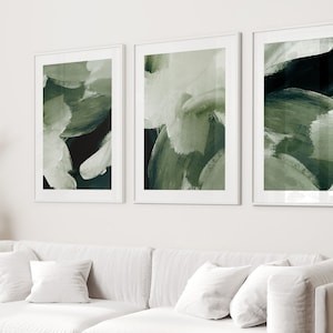Dark Green Abstract Set of 3 Prints · Abstract Art Painting · Gallery Wall Set · Wabi Sabi Wall Art · Minimalist Wall Art, Living Room Decor