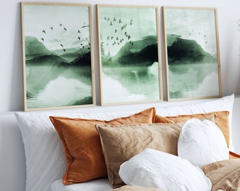 Sage Green Mountain Wall Art, Set of 3 Prints, Landscape Painting, Living Room Decor, Minimalist, Above Bed Decor, Wall Decor Over the Bed