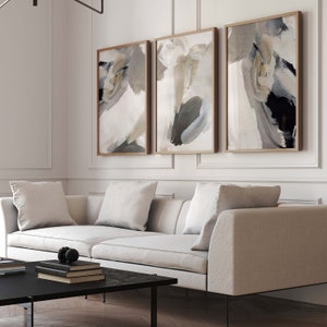 Conjunto de arte de pared abstracto neutro de 3 grabados, arte japonés, pintura, gris, beige, minimalista, decoración de la sala de estar, póster, grande, Wabi Sabi