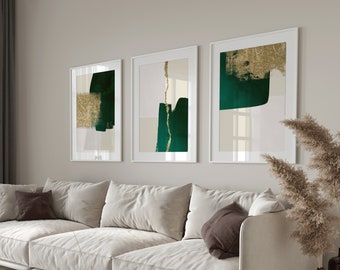 Emerald Green and Gold Wall Art · Set of 3 Prints · Beige Wall Art, Abstract Art, Minimalist Wall Art, Gallery Wall Set, Living Room Decor