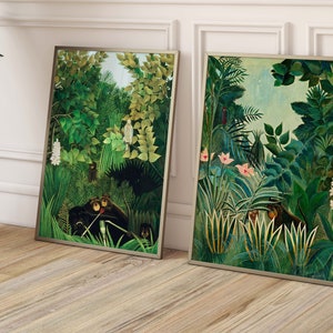 Henri Rousseau Drucke, Der Äquatoriale Dschungel, Fröhliche Narren, 2er-Set Drucke, Maximalistisches Dekor, Smaragdgrün, Wohnzimmer, Große Wandkunst