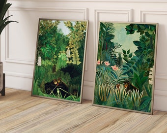 Henri Rousseau Prints, The Equatorial Jungle, Merry Jesters, Set of 2 Prints, Maximalist Decor, Emerald Green, Living Room, Large Wall Art