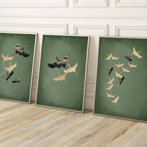 Sage Green Japanese Wall Art, Set of 3 Prints, Japanese Art Print, Cranes Bird Formation, Japandi Decor, Minimalist, Large Wall Art,