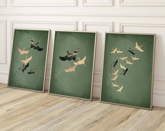 Arte da parete giapponese verde salvia, set di 3 stampe, stampa d'arte giapponese, formazione di uccelli di gru, arredamento Japandi, minimalista, grande arte da parete,