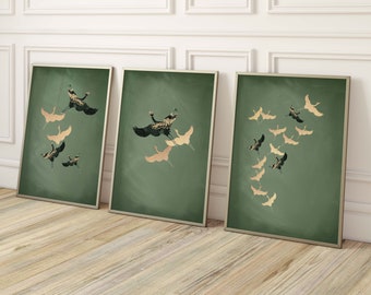 Sage Green Japanese Wall Art, Set of 3 Prints, Japanese Art Print, Cranes Bird Formation, Japandi Decor, Minimalist, Large Wall Art,