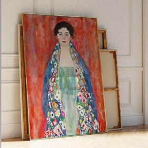 Rot Gustav Klimt Wand Kunst Druck, Giclée Porträt von Fräulein Lieser, Bunte abstrakte Malerei, Eklektische Wohnzimmer Dekoration, Maximalist