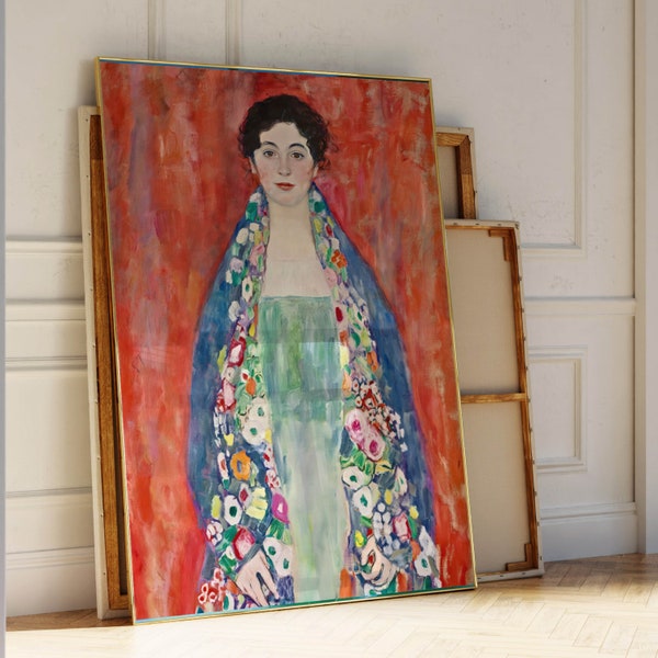 Red Gustav Klimt Wall Art Print, Giclée Portrait of Fraulein Lieser, Colorful Abstract Painting, Eclectic Living Room Decor, Maximalist
