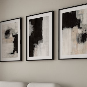 Conjunto abstracto negro de 3 impresiones · Arte abstracto Paitning · Galería Juego de pared · Arte mural neutro · Decoración de la sala de estar, Póster de pared del dormitorio, Beige