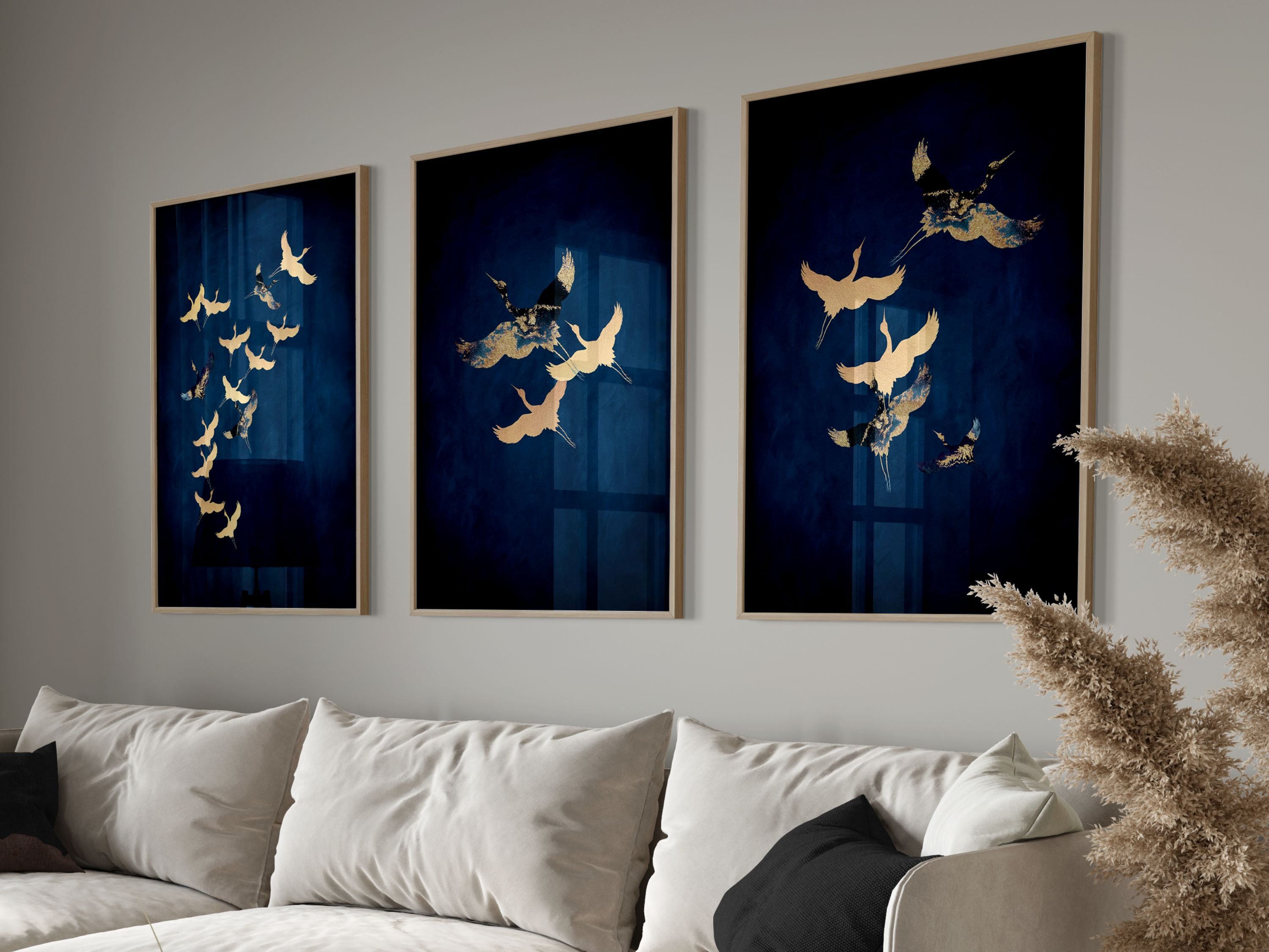Blue and Gold Japanese Wall Art Set of 3 Prints · Dark Blue Japanese ...