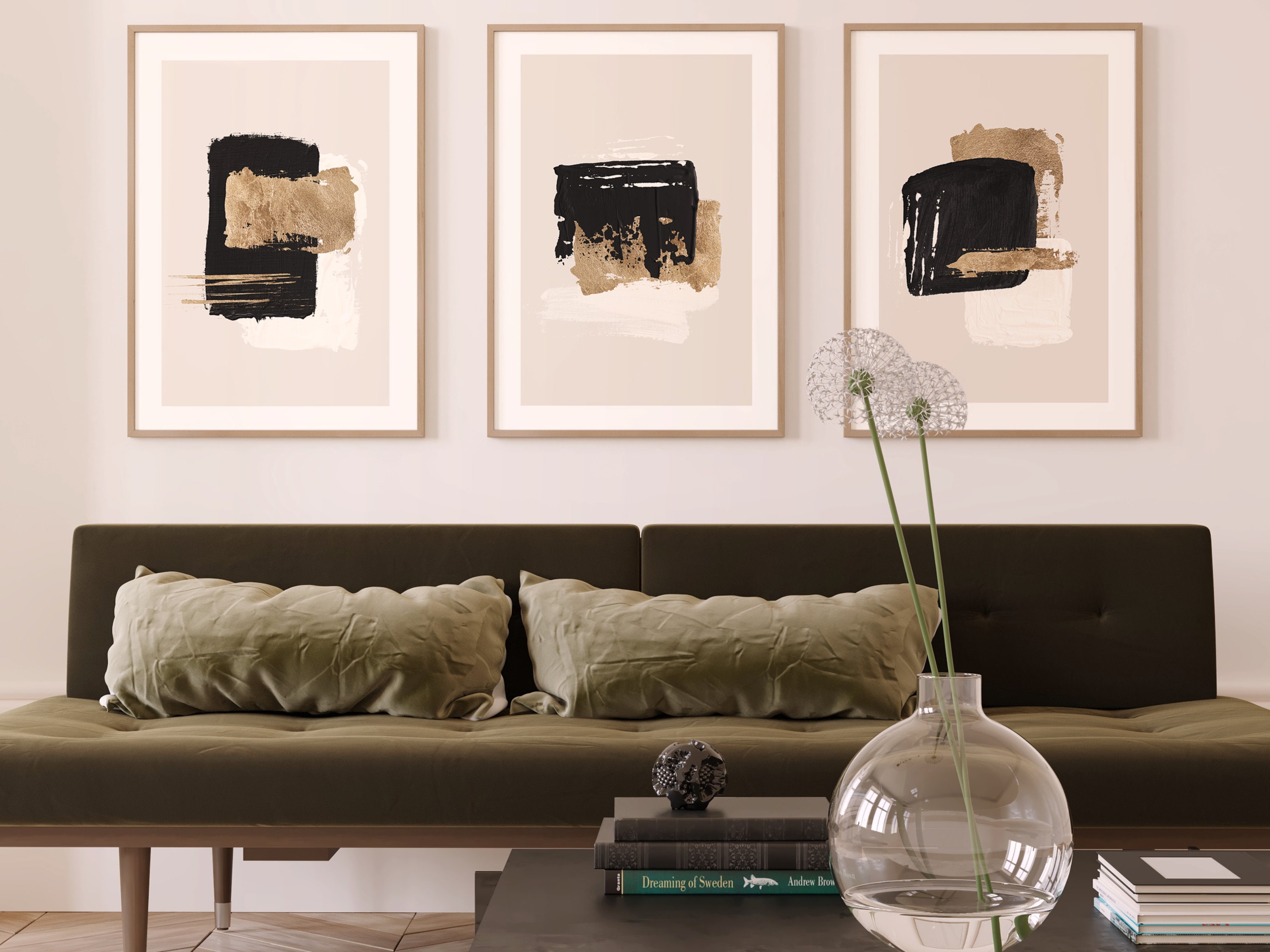 Black and Gold Wall Art, Set of 3 Prints, Beige Wall Art, Abstract Art ...