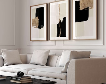 Black and Gold Wall Art · Set of 3 Prints, Abstract Art, Minimalist Wall Art, Gallery Wall Set, Living Room Decor, Large, Bedroom, Above Bed