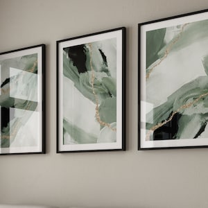 Conjunto verde salvia y oro de 3 impresiones · Arte abstracto · Conjunto de pared de galería · Decoración verde salvia · Decoración de la pared de la sala de estar · Póster de pintura abstracta