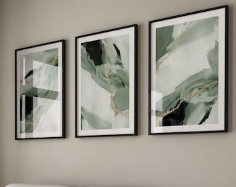 Conjunto verde salvia y oro de 3 impresiones · Arte abstracto · Conjunto de pared de galería · Decoración verde salvia · Decoración de la pared de la sala de estar · Póster de pintura abstracta