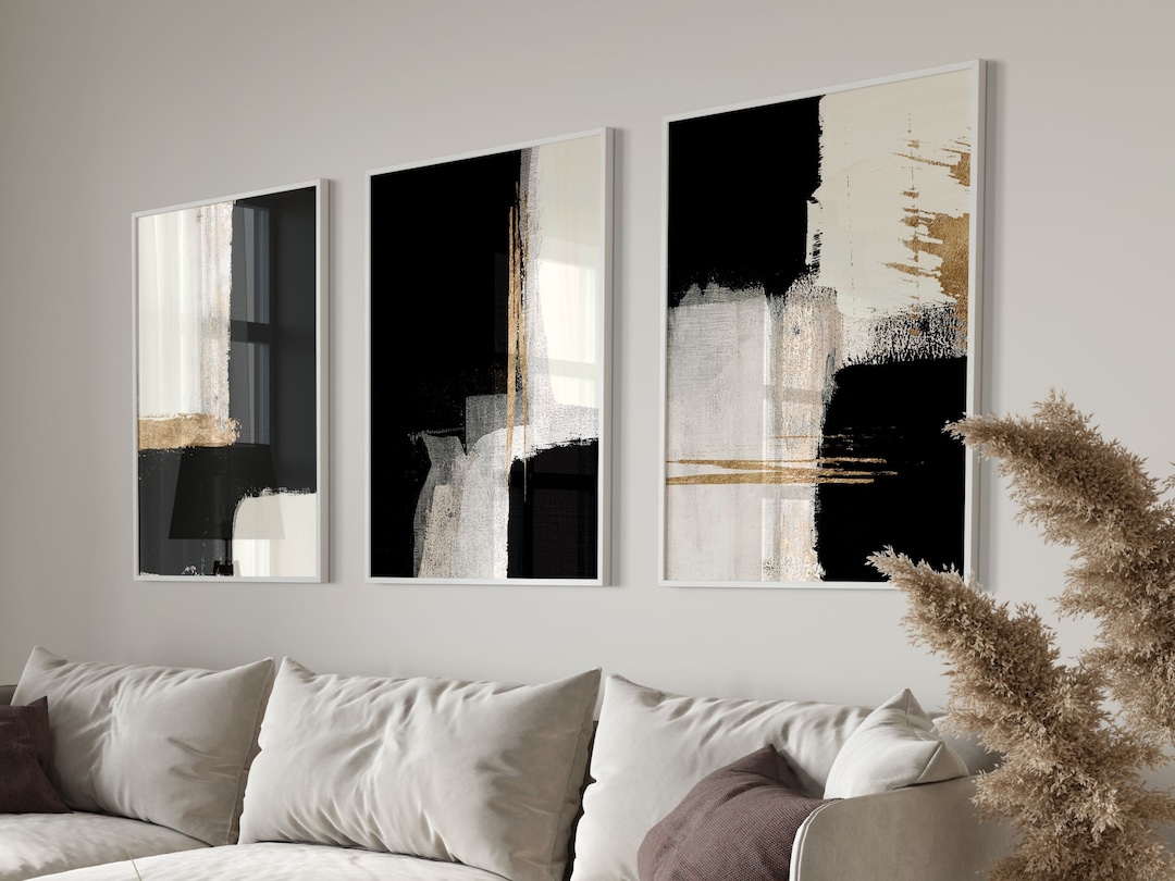 Black and Gold Wall Art Set of 3 Prints, Black Beige Wall Art, Abstract
