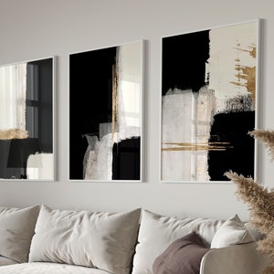 Arte de pared negro y dorado · Conjunto de 3 grabados, Arte de pared beige negro, Arte abstracto, Japandi, Conjunto de pared de galería, Decoración de sala de estar, Dormitorio, Grande