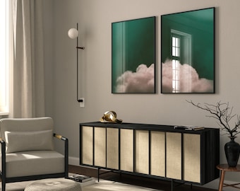 Rosa und Grüne Wolke 2er-Set Poster · Smaragdgrünes Dekor, Abstrakte Kunst, Minimalistische Wandkunst, Wolke Poster, Schlafzimmer, Über dem Bett Dekor