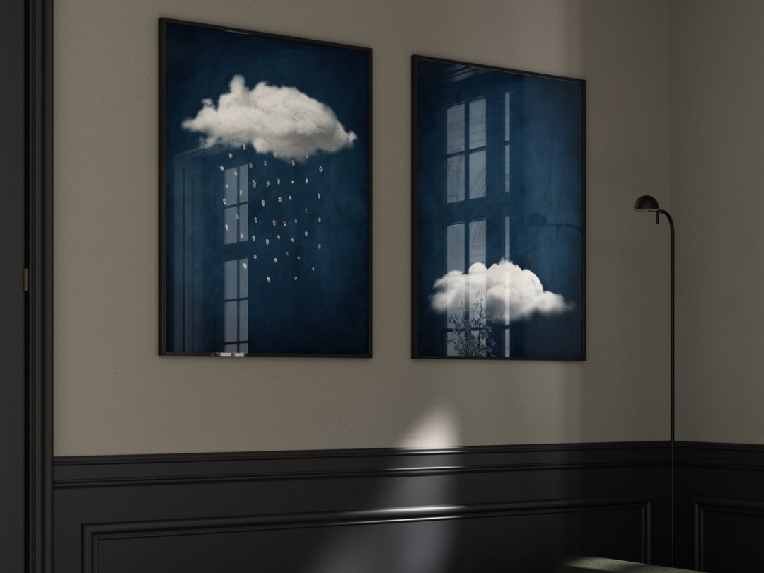 Blue and Silver Rain Cloud Set of 2 Prints Abstract Art, Sapphire Dark
