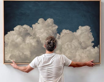 Above Bed Cloud Canvas Wall Art, Horizontal Framed Art, Extra Large Bedroom Decor, Statement Night Sky Art, Moody Wall Decor Over the Bed