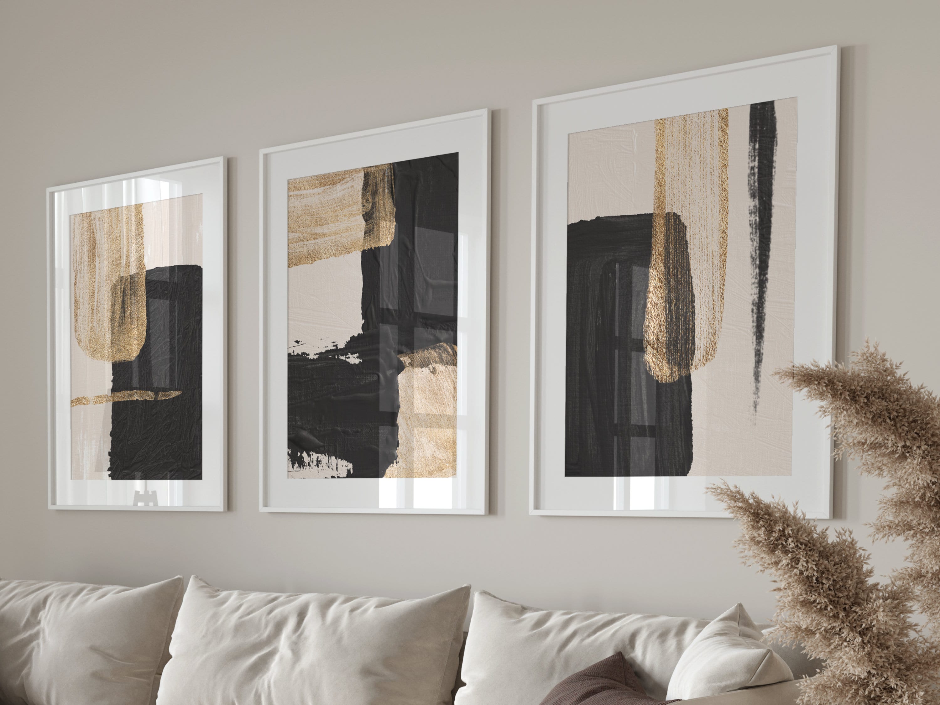 Black and Gold Wall Art Set of 3 Prints Beige Wall Art Etsy