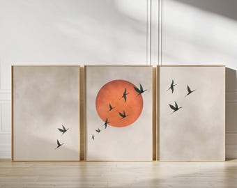 Orange Moon Flying Birds Wall Art, Set of 3 Prints, Bright Japandi Wall Art, Sky Art, Large Living Room Decor, Vibrant Bedroom Decor