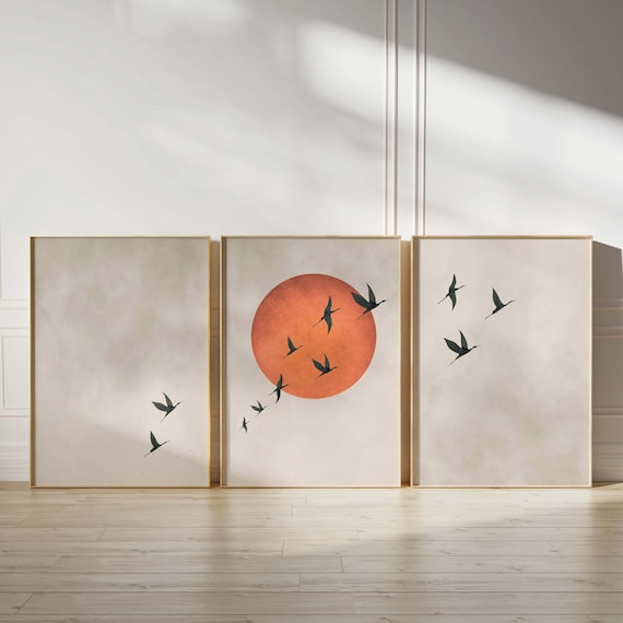 Orange Moon Flying Birds Wall Art, Set of 3 Prints, Bright Japandi Wall Art, Sky Art, Large Living Room Decor, Vibrant Bedroom Decor