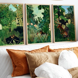 Set of 3 Emerald Green Exhibition Posters, Henri Rousseau Print, Botanical Decor, Emerald Green Wall Art, Gallery Wall Set, Green Wall Art