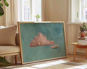 Impresión de arte de pared de nube azul cielo, decoración rosa rubor claro, arte abstracto, decoración minimalista, decoración de sala de estar grande, arte de pared horizontal del dormitorio