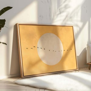 Yellow Japandi Canvas Wall Art, Flying Birds Framed Art, Minimalist Moon Decor, Large Living Room Decor, Flock of Birds Print, Vibrant Art