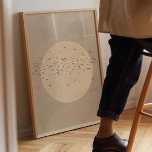 Stampa artistica da parete con uccelli volanti neutri, sole beige, arte Japandi, arte astratta, decorazione del soggiorno, grande, arte della parete giapponese, gregge, decorazione della camera da letto
