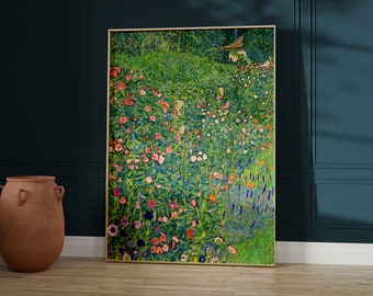 Gustav Klimt Print, Italian Garden Landscape, Botanical Floral, Art Nouveau Poster, Emerald Green Decor, Dark Green Wall Art, Living Room